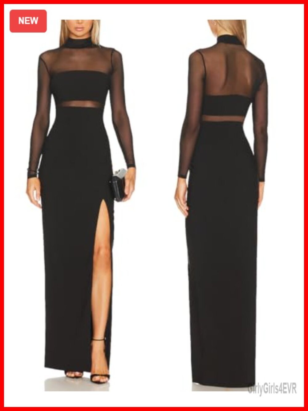 Sheer Mesh Long Sleeve Turtleneck Maxi Dress Bodycon Side Slit Cocktail